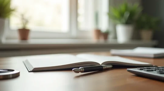 Personne analysant des graphiques de rendement financier avec documents et calculatrice sur un bureau minimaliste