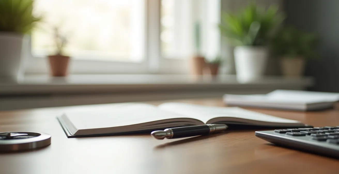 Personne analysant des graphiques de rendement financier avec documents et calculatrice sur un bureau minimaliste