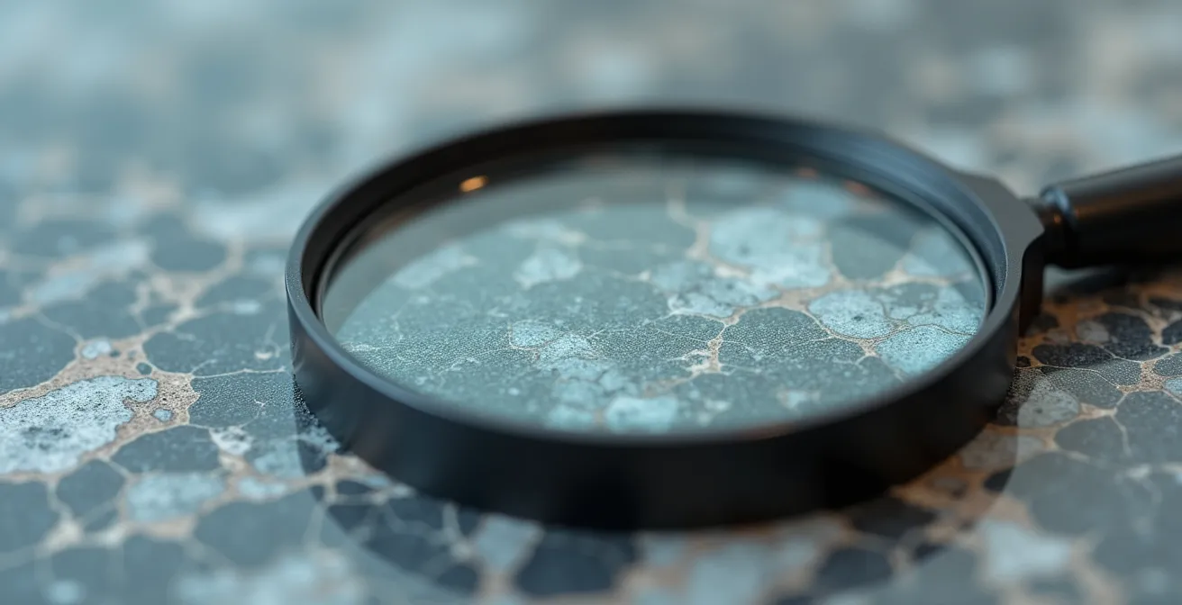 Gros plan détaillé montrant la texture et la qualité d'une loupe d'inspection examinant finement une surface de marbre blanc
