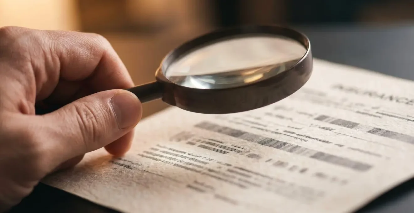 Main tenant une loupe examinant des clauses de contrat d'assurance en gros plan