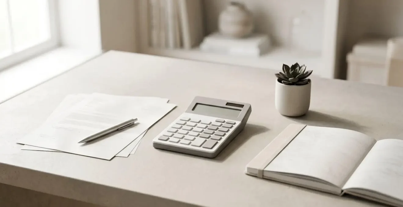 Vue d'ensemble minimaliste d'un espace de travail avec calculatrice et documents financiers pour planifier une assurance prévoyance