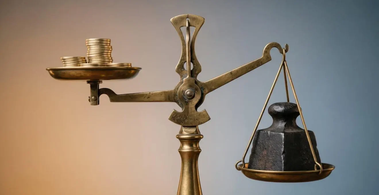 Métaphore visuelle d'une balance déséquilibrée montrant une petite pile de pièces face à un poids massif, symbolisant l'écart entre l'économie réalisée et le risque financier encouru.