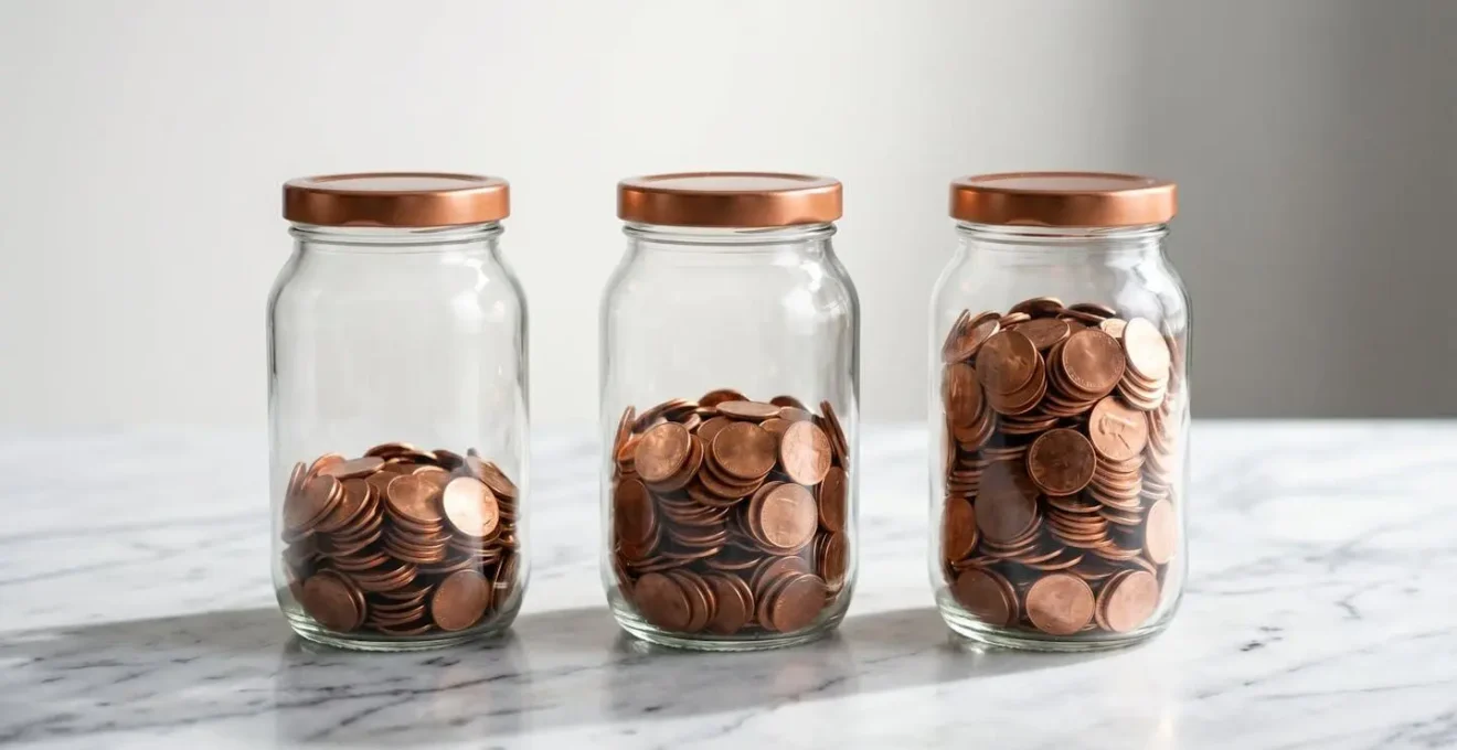 Représentation visuelle des écarts de remboursement selon les pourcentages sous forme de trois jarres de pièces remplies à différents niveaux.