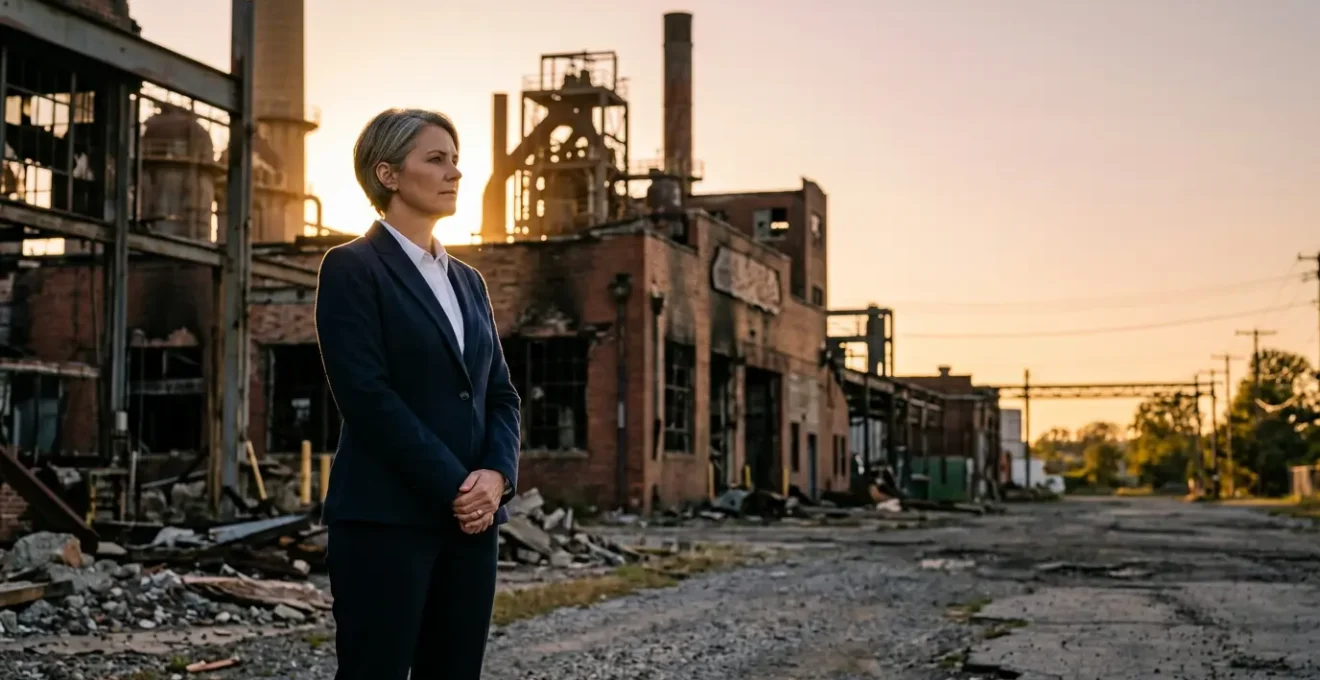 Chef d'entreprise observant un bâtiment industriel endommagé avec détermination, symbolisant la résilience des PME