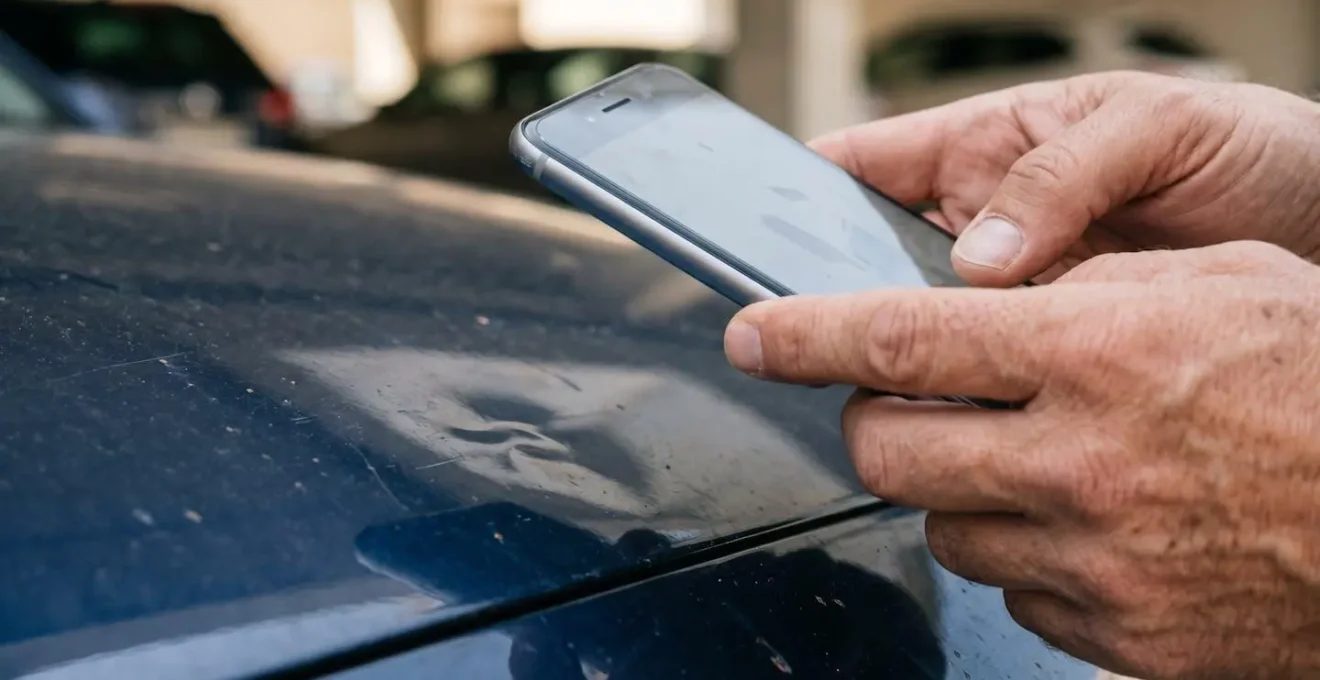 Personne documentant des dommages automobiles avec attention aux détails pour constitution de preuve