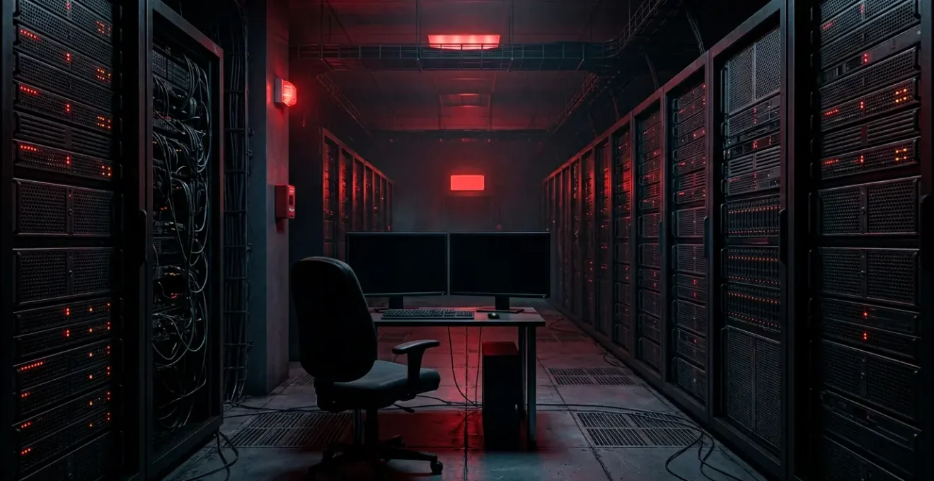 Salle de serveurs dans l'obscurité symbolisant une crise cybersécurité après une attaque ransomware