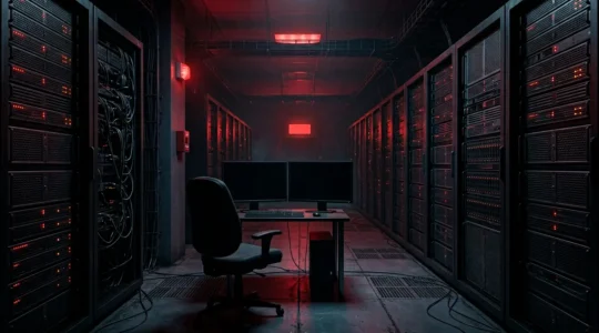 Salle de serveurs dans l'obscurité symbolisant une crise cybersécurité après une attaque ransomware