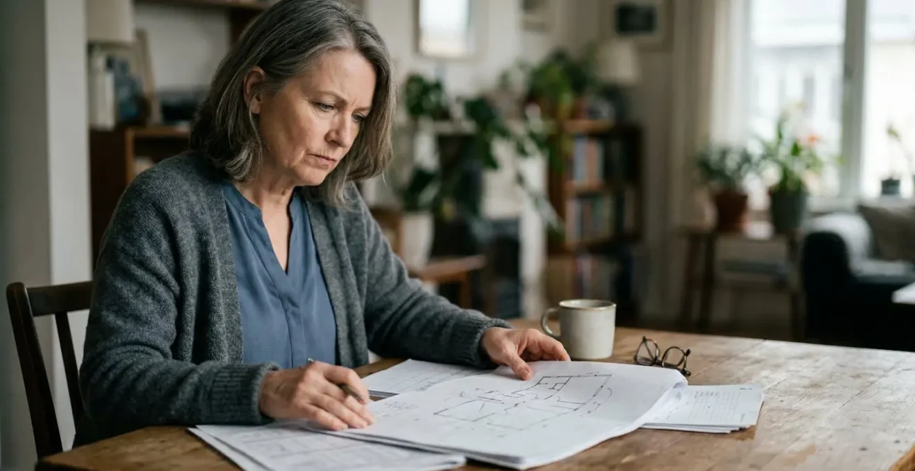Personne en situation de handicap consultant des documents administratifs et financiers pour financer l'aménagement de son domicile