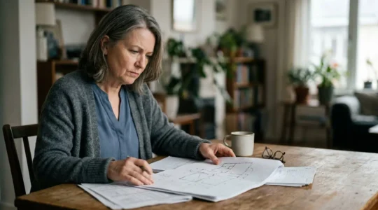 Personne en situation de handicap consultant des documents administratifs et financiers pour financer l'aménagement de son domicile