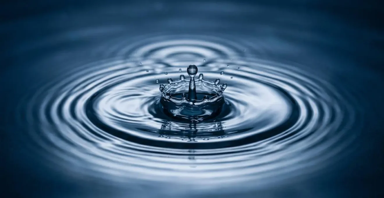 Vue macro illustrant la régularité et l'accumulation progressive d'un processus d'investissement par des gouttes tombant dans l'eau.