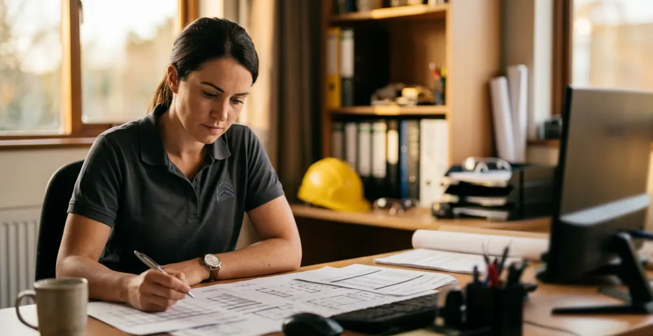 Entrepreneur du bâtiment consultant des documents financiers et d'assurance dans un environnement professionnel