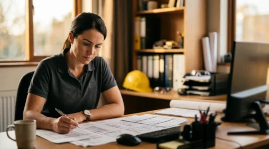 Entrepreneur du bâtiment consultant des documents financiers et d'assurance dans un environnement professionnel