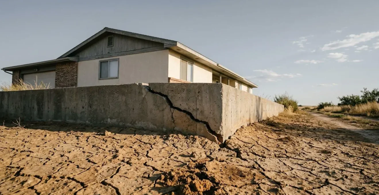 Vue d'une fondation de maison fissurée avec sol asséché, illustrant l'impact de la sécheresse sur les constructions