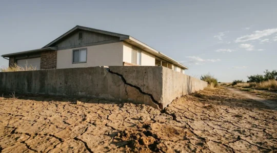 Vue d'une fondation de maison fissurée avec sol asséché, illustrant l'impact de la sécheresse sur les constructions