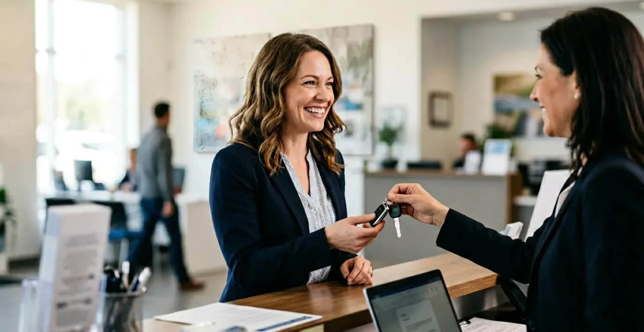 Conducteur récupérant les clés d'un véhicule de remplacement auprès d'un professionnel de l'assurance