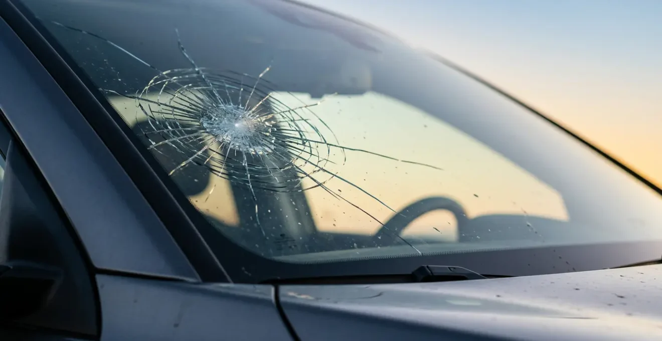 Pare-brise fissuré avec impact sur véhicule moderne