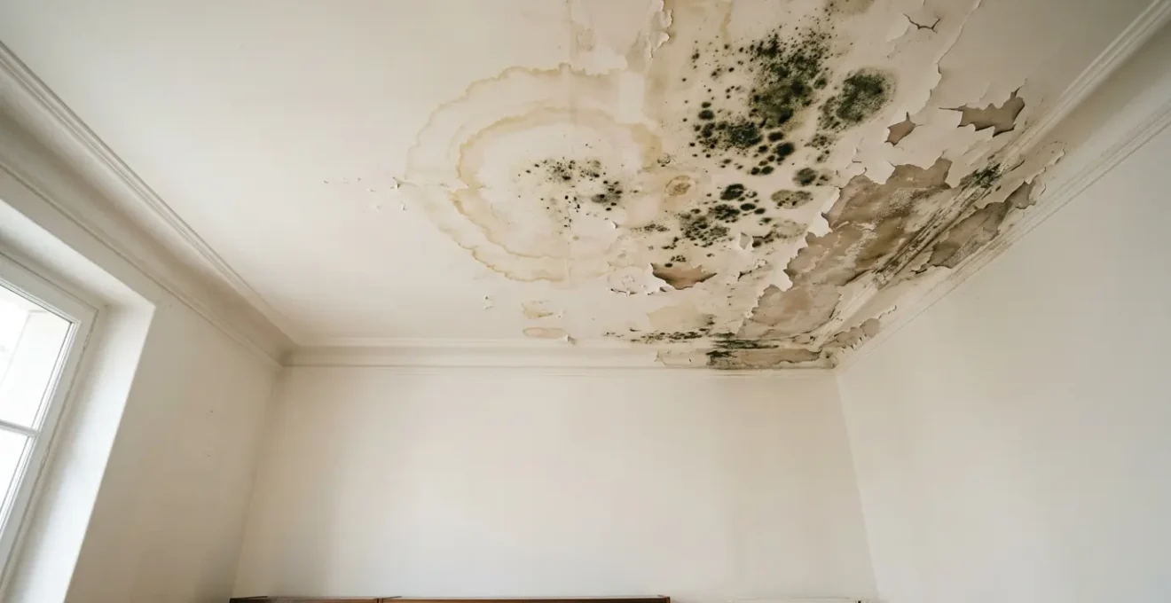 Plafond endommagé avec auréoles d'humidité et traces de moisissure suite à une fuite d'eau dans un appartement