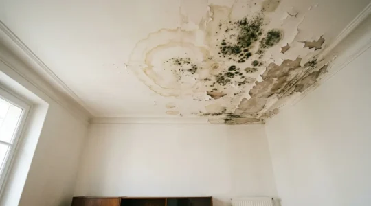 Plafond endommagé avec auréoles d'humidité et traces de moisissure suite à une fuite d'eau dans un appartement