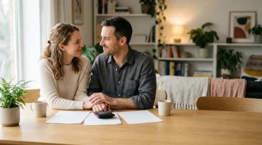 Couple discutant sereinement de leur avenir financier et de la protection de leur famille