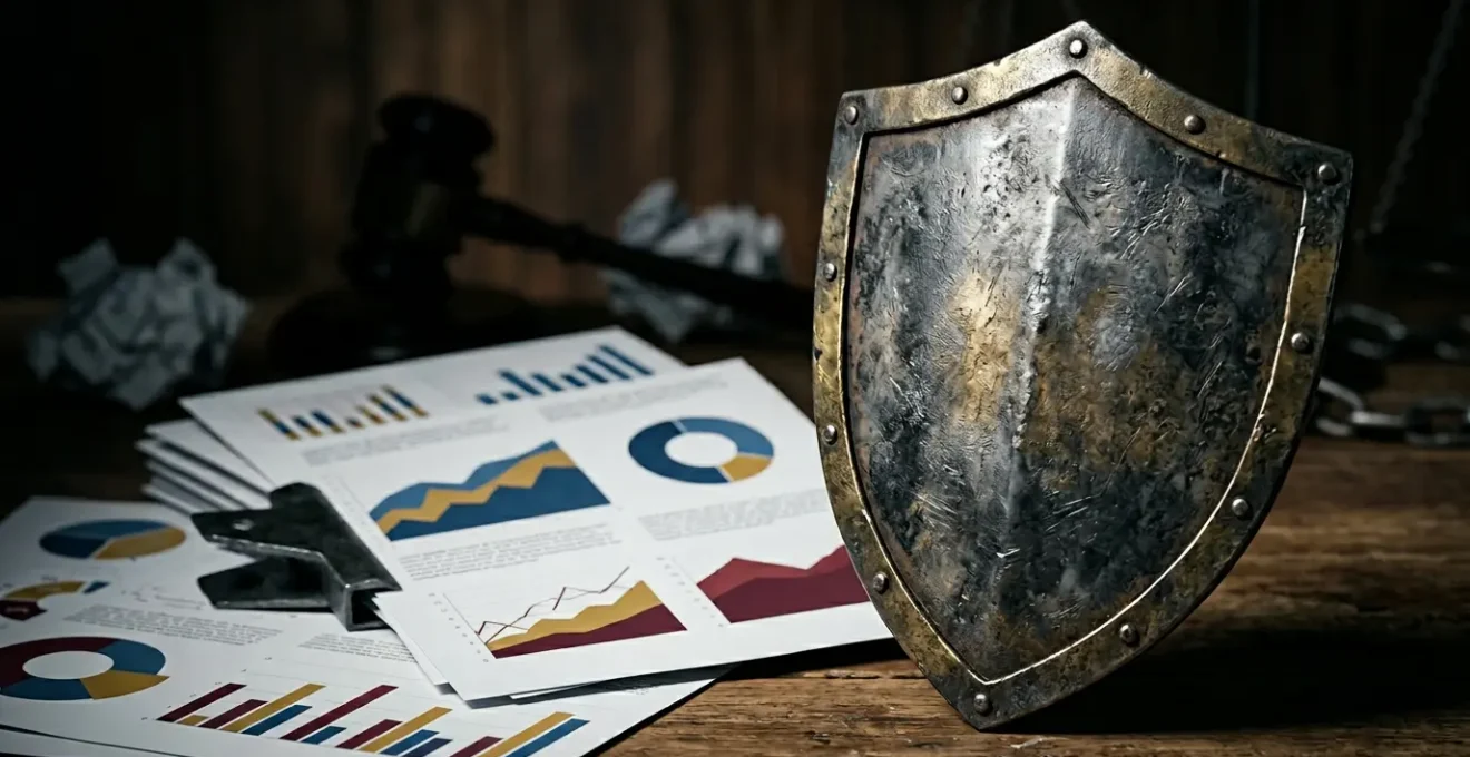 Bouclier symbolique protégeant des documents juridiques et une entreprise contre des menaces financières