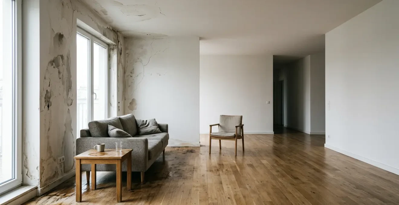 Scène d'intérieur après un sinistre montrant des éléments endommagés