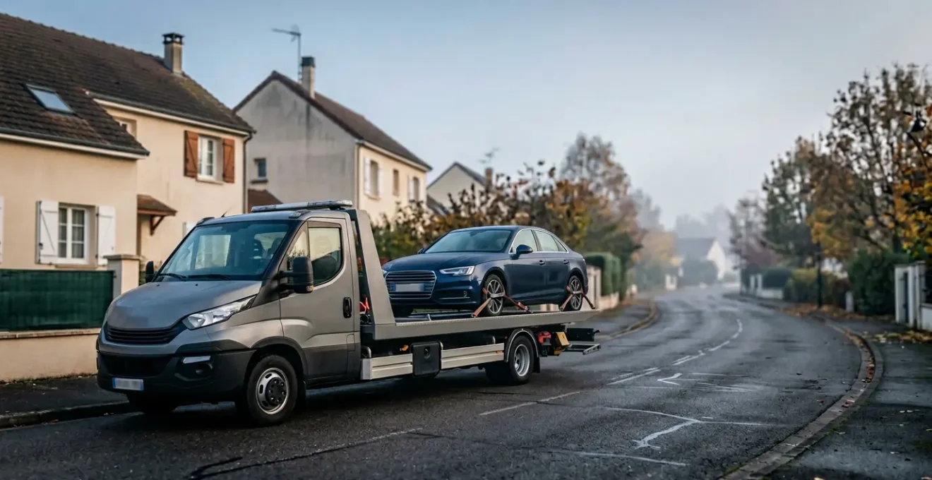 Voiture immobilisée avec dépanneuse dans un environnement urbain français