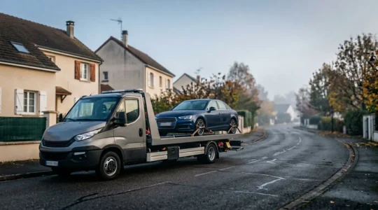 Voiture immobilisée avec dépanneuse dans un environnement urbain français
