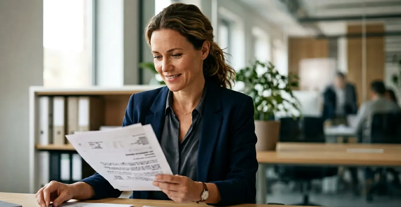 Professionnel consultant des documents de prévoyance dans un environnement de travail lumineux