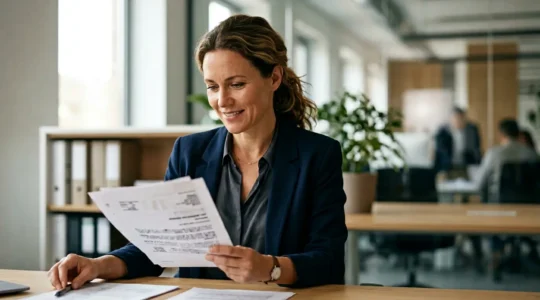 Professionnel consultant des documents de prévoyance dans un environnement de travail lumineux