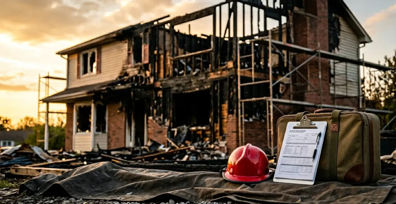 Scène évoquant les conséquences d'un incendie domestique avec intervention d'urgence