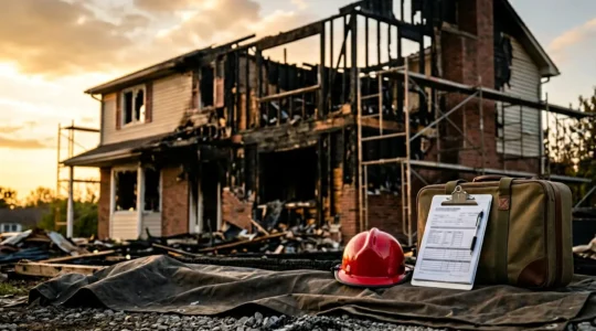 Scène évoquant les conséquences d'un incendie domestique avec intervention d'urgence