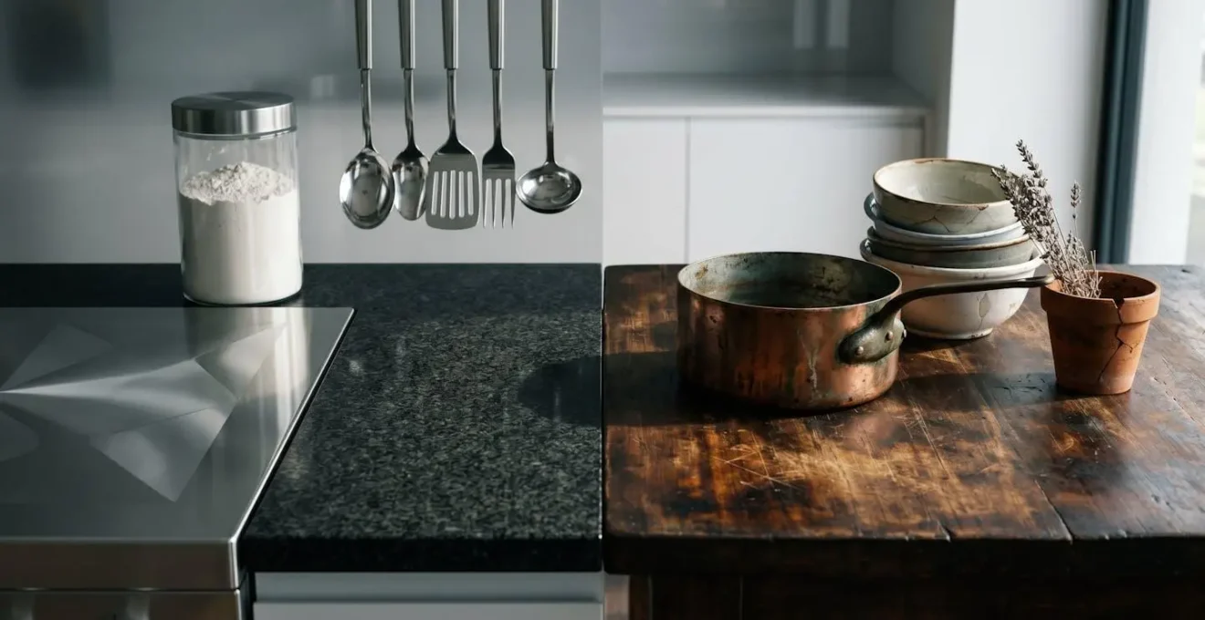 Éléments de cuisine moderne montrant différents niveaux d'usure