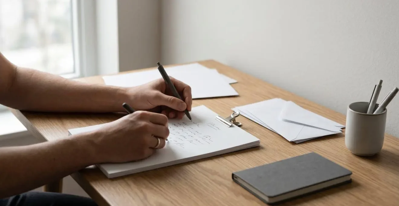 Personne rédigeant une lettre de déclaration officielle avec documents administratifs sur un bureau moderne