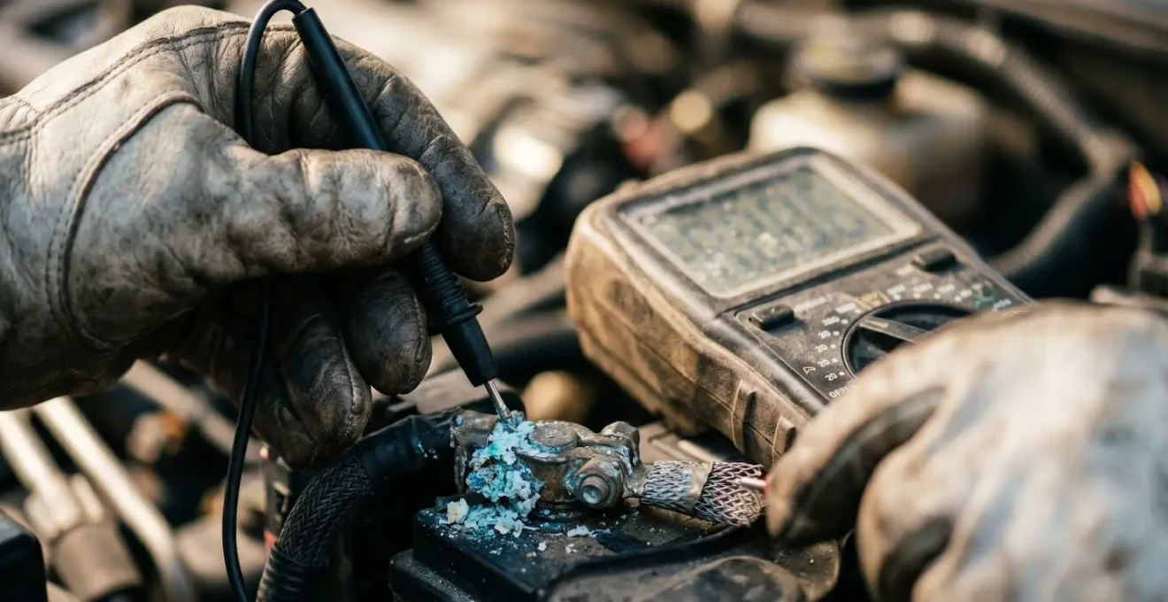 Technicien automobile effectuant un diagnostic de panne avec équipement professionnel