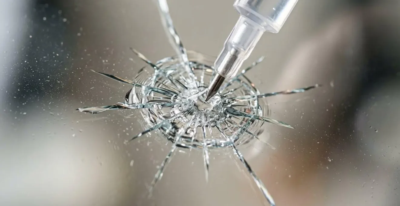 Réparation d'un impact de pare-brise par injection de résine en gros plan