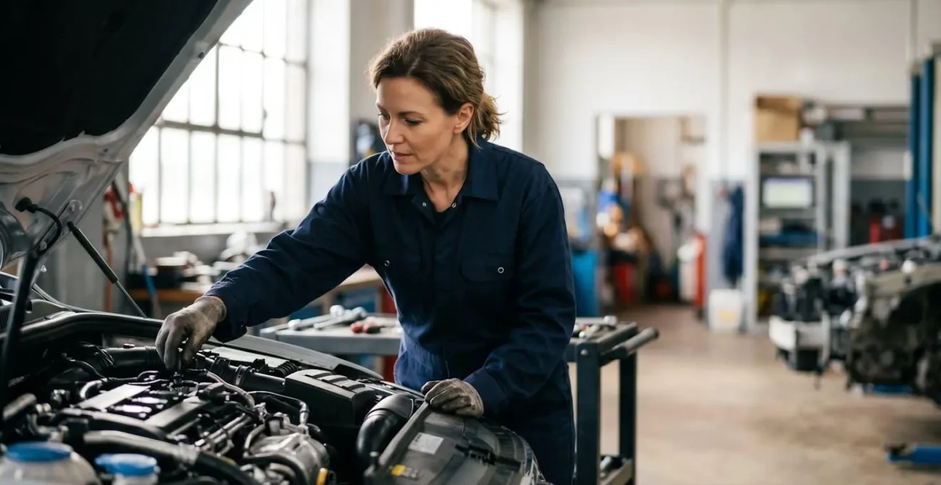 Garagiste professionnel examinant un véhicule dans un atelier automobile moderne