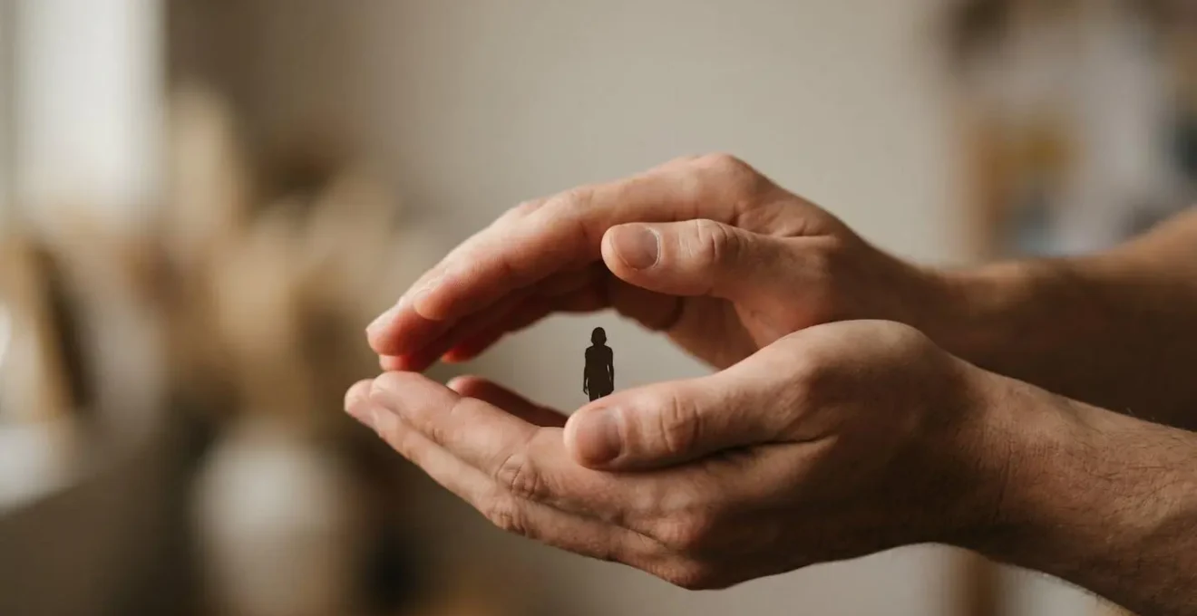 Mains formant un geste protecteur au-dessus d'une silhouette humaine miniature, symbolisant la protection maximale du conducteur
