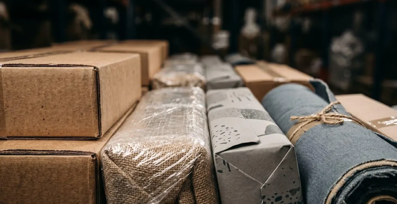 Vue macro détaillée de produits empilés en entrepôt révélant la texture et la valeur matérielle, symbolisant l'importance d'une déclaration précise