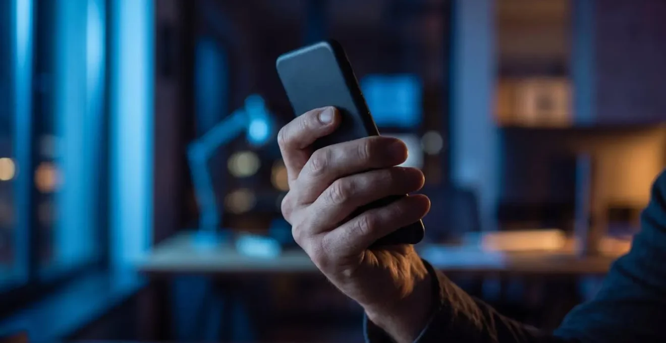 Main tenant un téléphone dans l'obscurité symbolisant l'appel d'urgence à l'assureur en pleine nuit