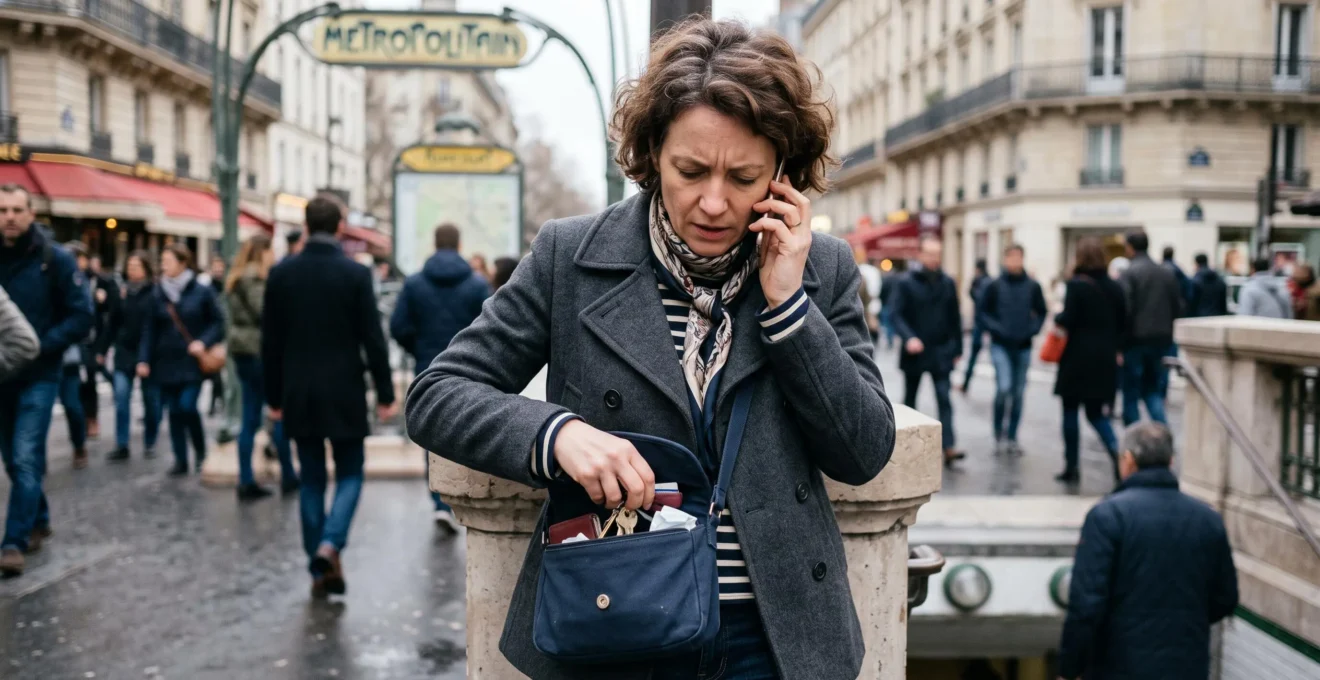 Femme appelant l'assistance bancaire d'urgence après avoir constaté la perte de sa carte dans un espace public urbain