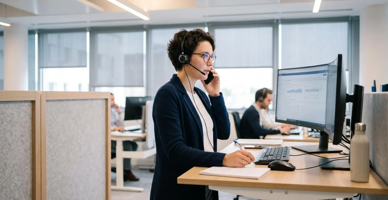 Conseiller d'assistance bancaire aidant un client par téléphone dans un centre de relation client moderne