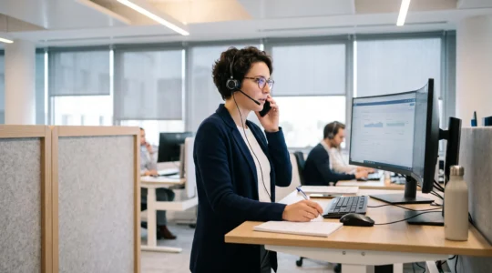 Conseiller d'assistance bancaire aidant un client par téléphone dans un centre de relation client moderne